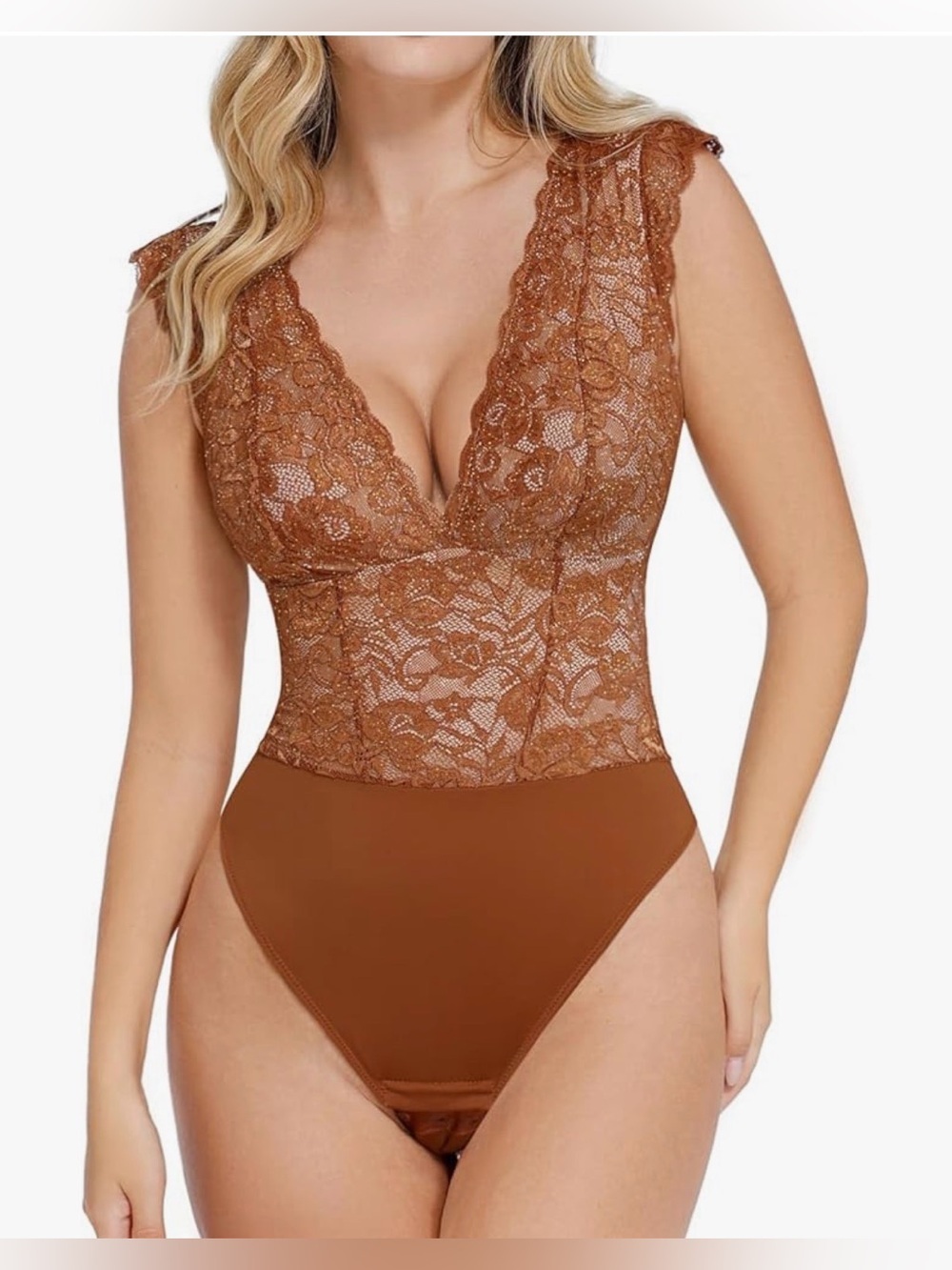 NWT Popilush Shapewear V-neck Sleeveless Lace Bodysuit Camel Brown Sz S